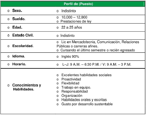 tabla con la descripción del puesto de trabajo