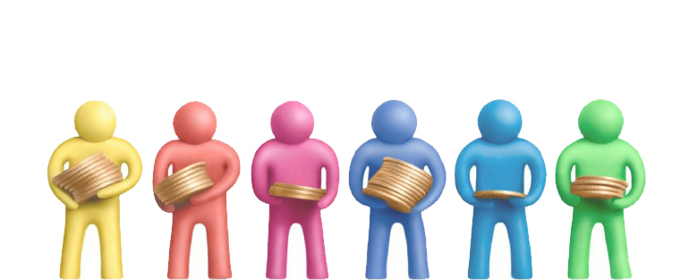 Hombres con diferente cantidad de monedas en las manos