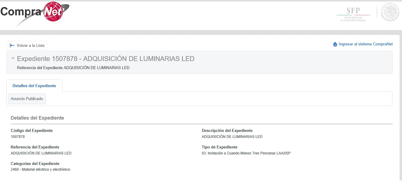 Portal de la Secretaría de Función Pública que muestra una licitación