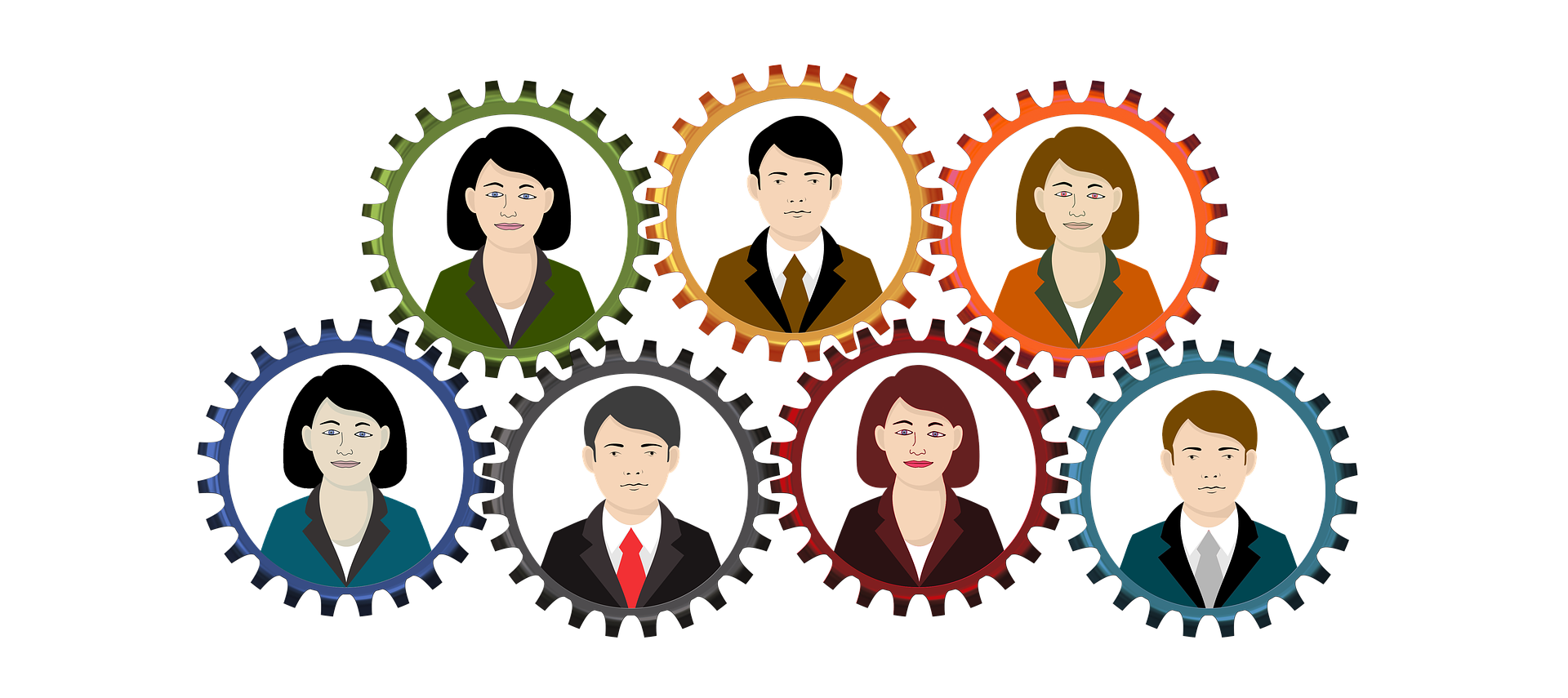 Figura femenina sostiene un celular, al fondo una figura de un engrane con diversos elementos.