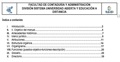 Índice o contenido.