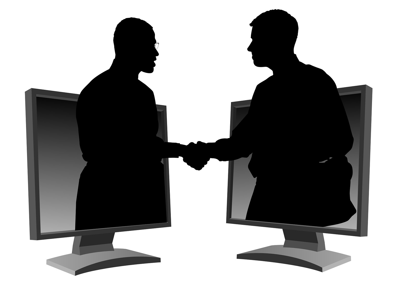 Dos siluetas salen de los monitores de sus computadoras y estrechan sus manos.