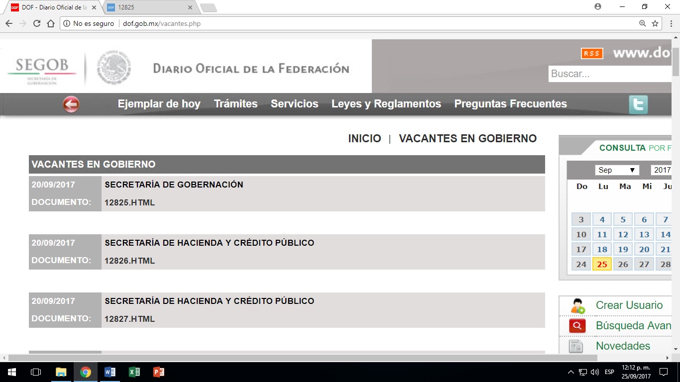 Portal del DOF que muestra vacantes