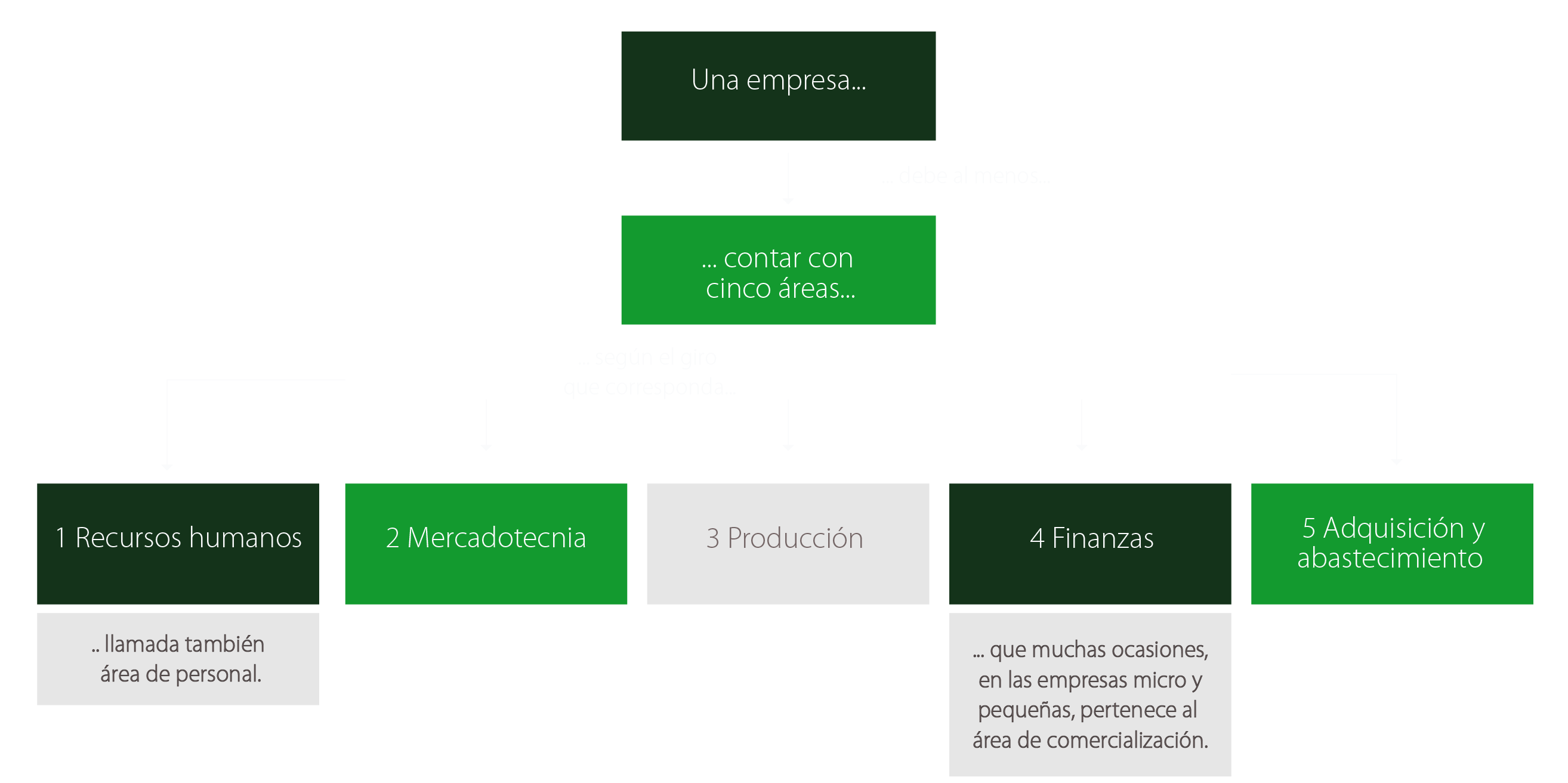Mapa conceptual mostrando las cinco áreas que una empresa debe tener para lograr sus objetivos