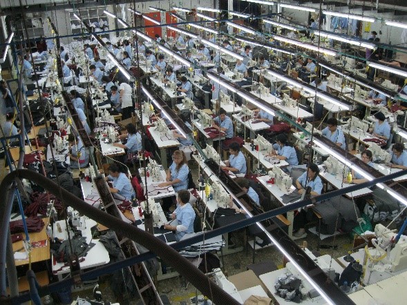 Grupo de mujeres sentadas frente a máquinas de coser.