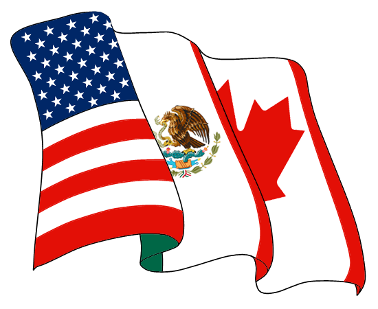 Bandera con los colores de Estados Unidos, México y Canadá.