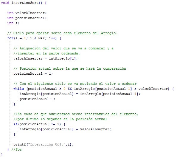 Declaración en Lenguaje C de la función de ordenamiento por inserción directa.