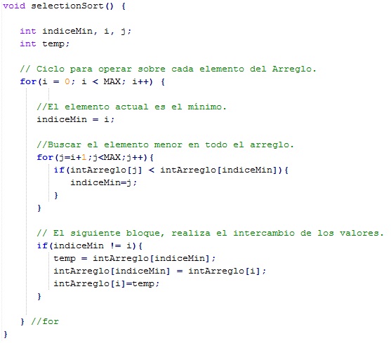 Declaración en Lenguaje C de la función para realizar el ordenamiento por selección
