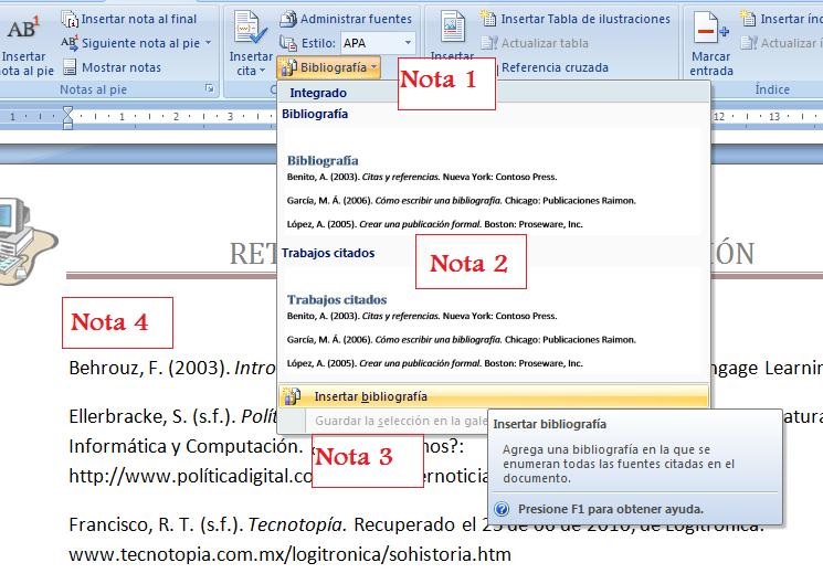 Inserción de la bibliografía en el texto con las entradas marcadas en el documento