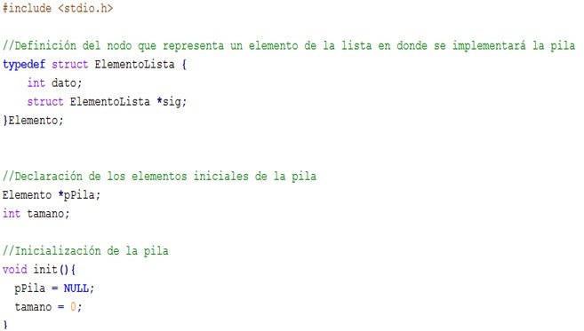 Declaración de una pila en Lenguaje C