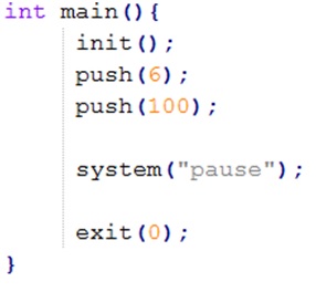 Declaración para agregar el elemento 6 y el elemento 100 a una pila en Lenguaje C