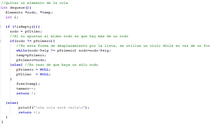 Declaración de las operaciones enqueue() y dequeue() para una pila en Lenguaje C