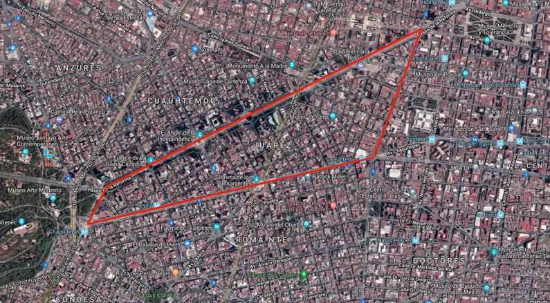 Imagen satelital de la colonia Juárez CdMx tomada en juio de 2018.