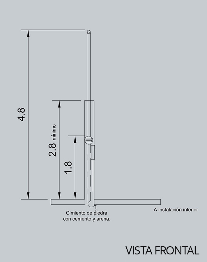 Gráfico que muestra una acometida aérea monofásica por muro de colindancia desde una vista frontal