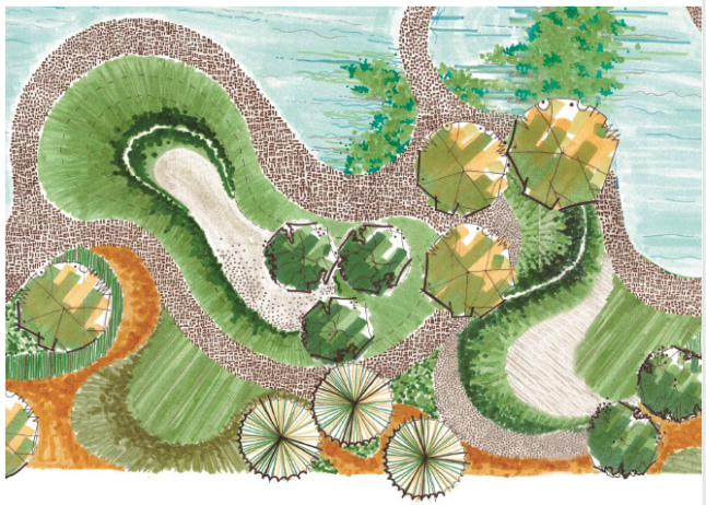 Ilustración que muestra desde una vista aérea un parque