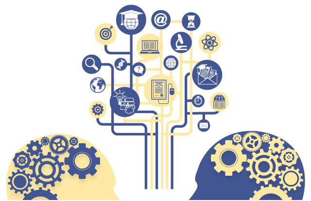 Siluetas de cabezas humanas con varias figuras relacionadas a aprendizaje.