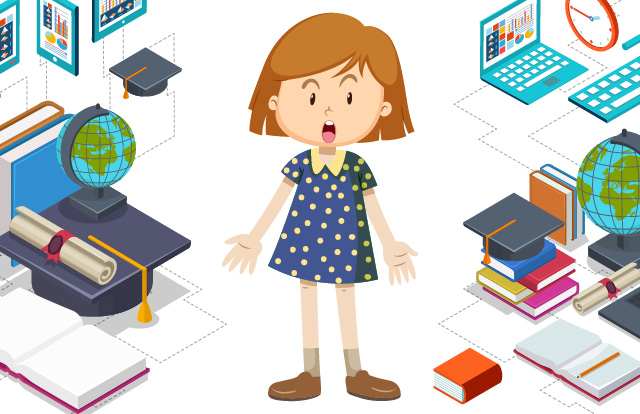 Niño asombrado, detrás imágenes de diversas situaciones, teorías y conceptos.