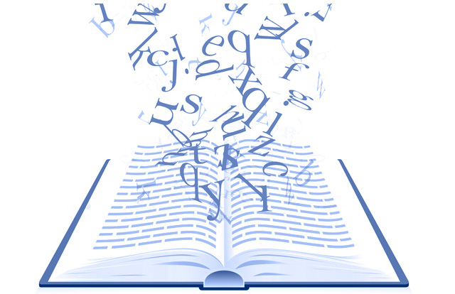 Libro abierto con letras.