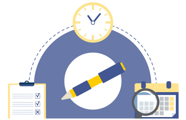  Horario, calendario, lápiz y lupa.