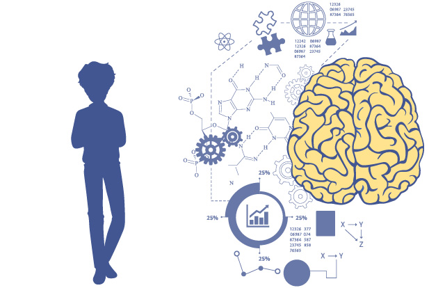 Individuo en una pared lado izquierdo conocimientos teóricos lado derecho creativas.