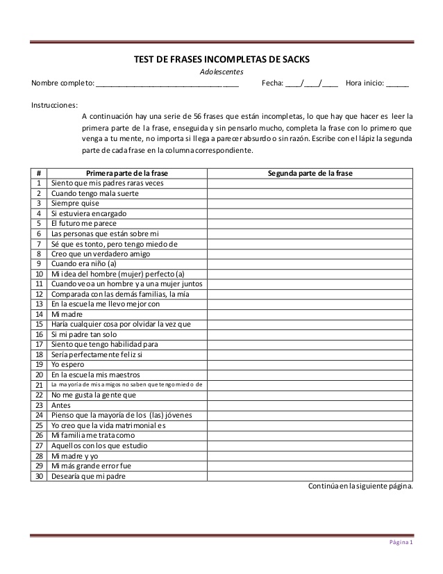 Ejemplo de Frases Incompletas de Sacks para adolescentes.