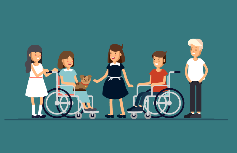 Niños en silla de ruedas ayudados por otros niños