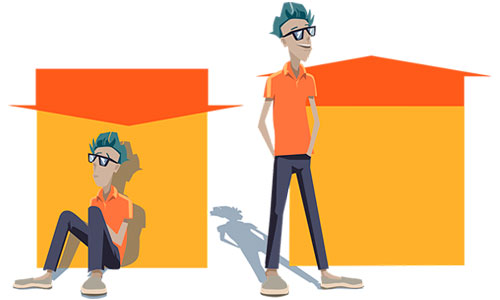 caricatura de persona sentada deprimida y la misma persona de pie sonriendo.