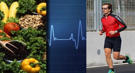 Individuo corriendo, comida saludable y buen pronóstico de salud.
