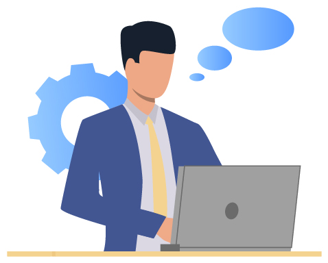 Individuo redactando y con una nube en forma de pensamiento.