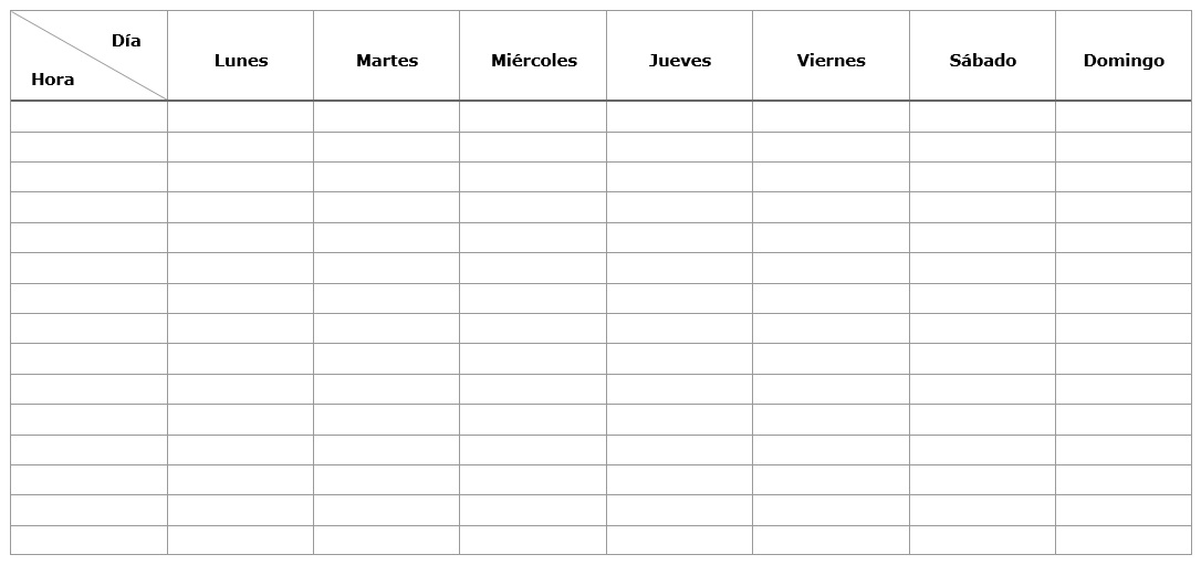 Tabla con horas y días de la semana