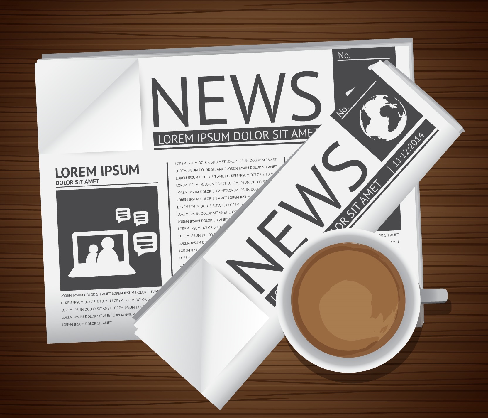 Ilustración de periódico y taza de café.