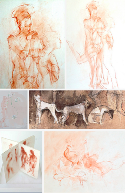 Seis imágenes trazadas con sanguina.