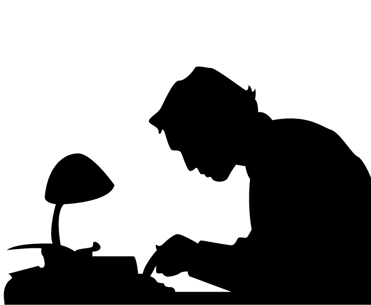 Gráfico de persona que escribe a máquina a la luz de una lámpara de mesa.