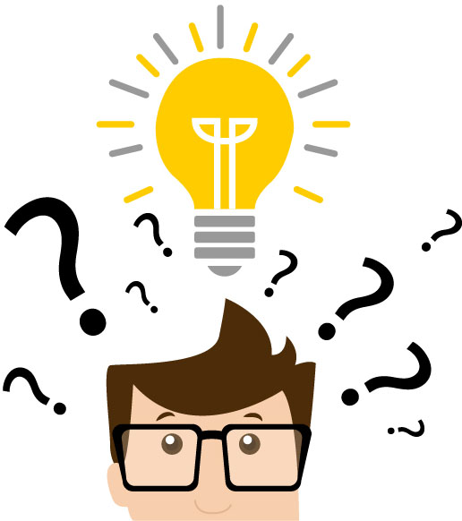 Gráfico de persona con lentes, cuya cabeza está rodeada de signos de interrogación y arriba de la cual se muestra un foco encendido.