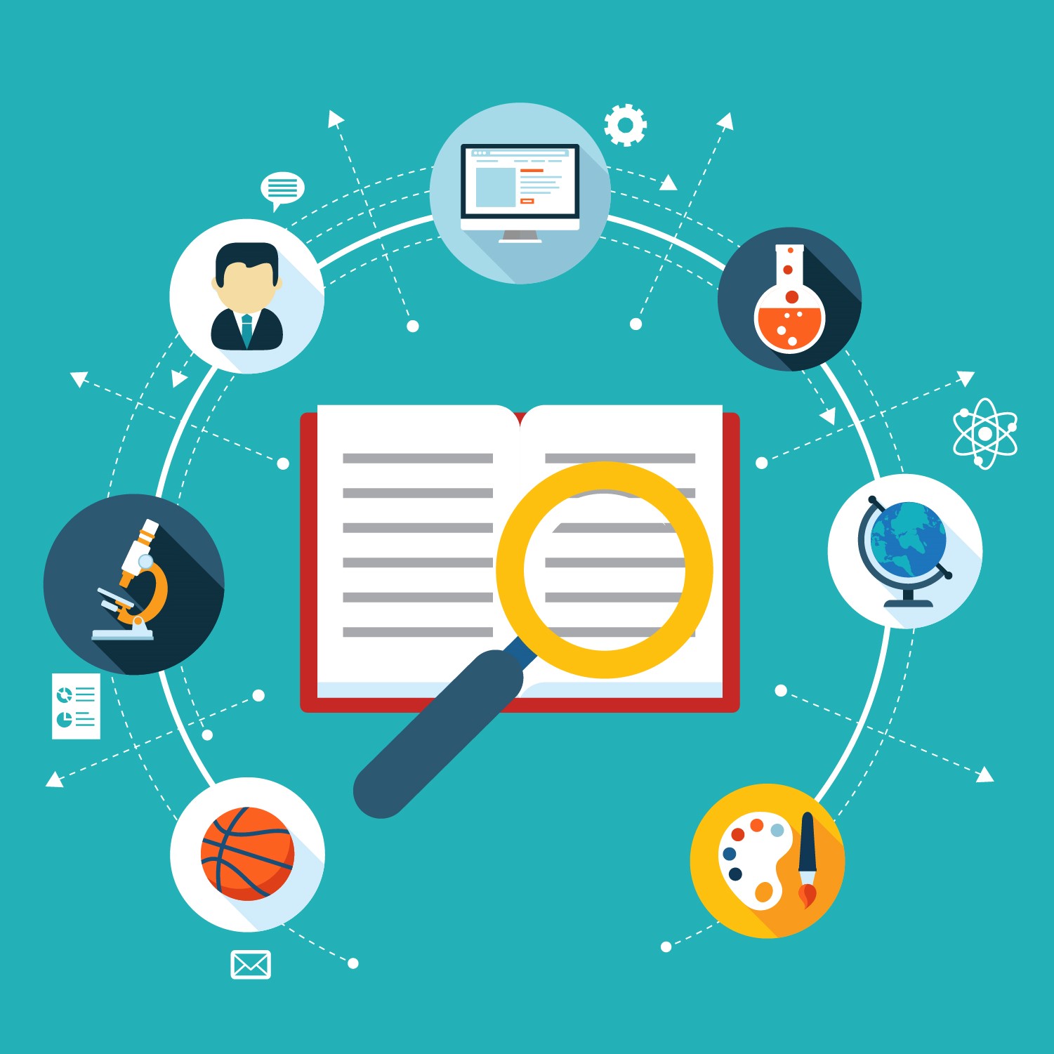 Libro sobre el cual hay una lupa y, alrededor, elementos como globo terráqueo, microscopio, paleta de pinturas, balón, computadora, matraz y una silueta de un hombre con un globo de texto.