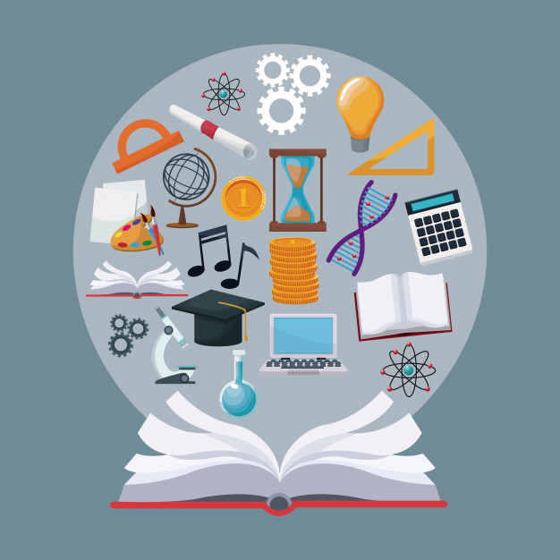 Libro abierto del cual surge una esfera con elementos variados tales como computadora, molécula atómica, reloj de arena, birrete, microscopio, globo terráqueo, foto, paleta de pintura, …