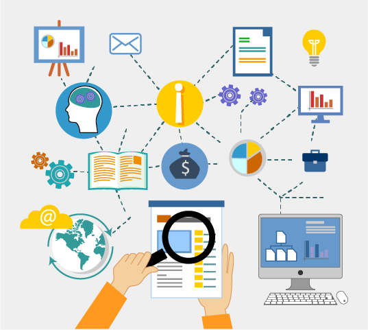 Gráfico con dos manos, una de las cuales coloca una lupa delante de un documento; en torno a esto, varias imágenes interrelacionadas (ordenador, mundo, información, cerebro, …)