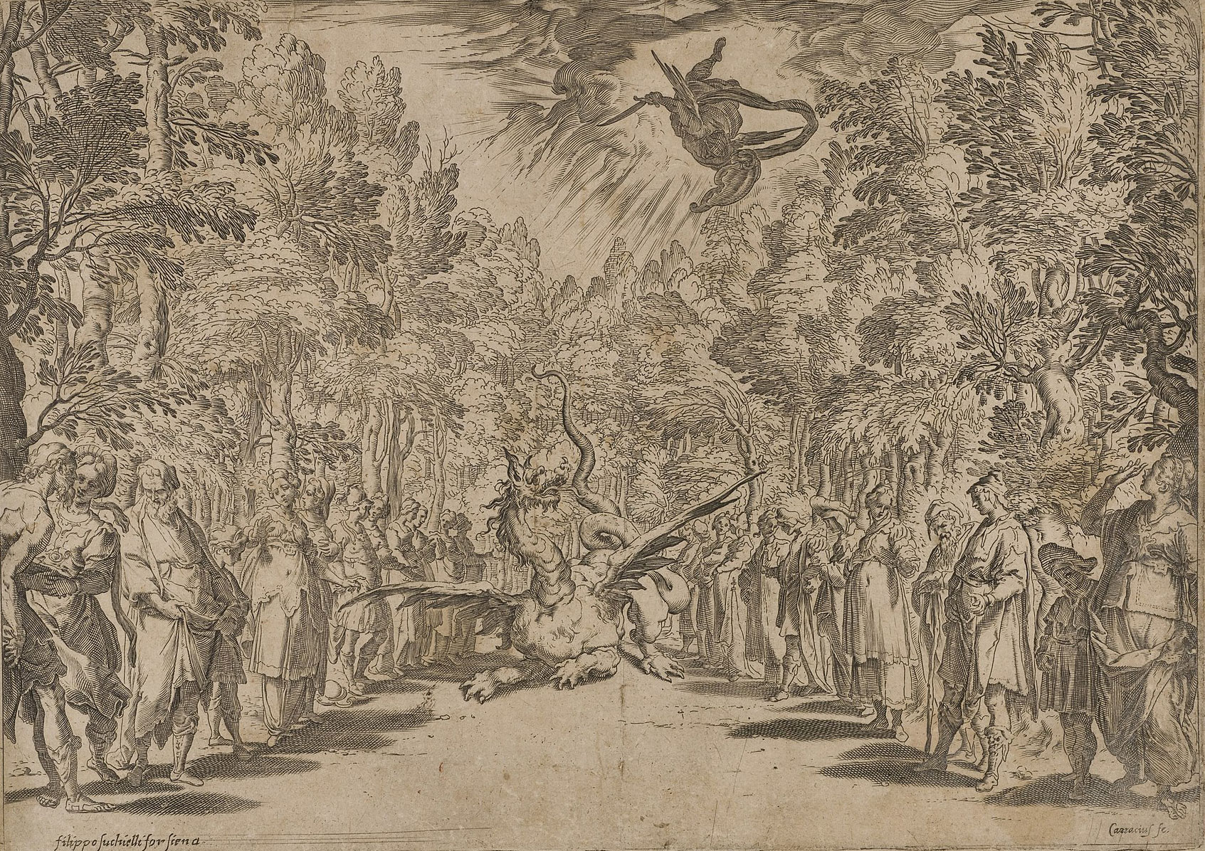 Ilustración de apolo descendiendo para matar al Pitón 