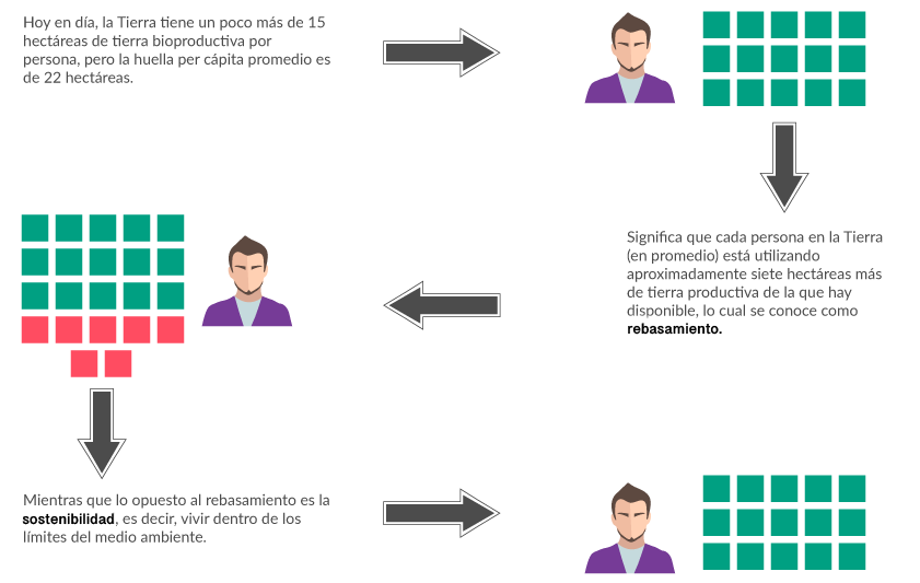 Esquema de rebasamiento y sostenibilidad, donde el rebasamiento es definido como el uso de tierra productiva adicional al que se encuentra disponible por persona, el cual es representado con una persona a lado de 15 cuadros verdes y 7 cuadros rojos; mientras que la sostenibilidad es definida como vivir dentro de los límites del medio ambiente, la cual es representada por 15 cuadros verdes.    