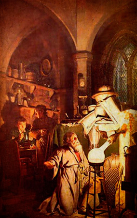 Pintura de alquimista trabajando