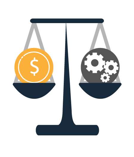 Ilustración de una balanza con un simbolo de pesos en contrapeso de un engrane.