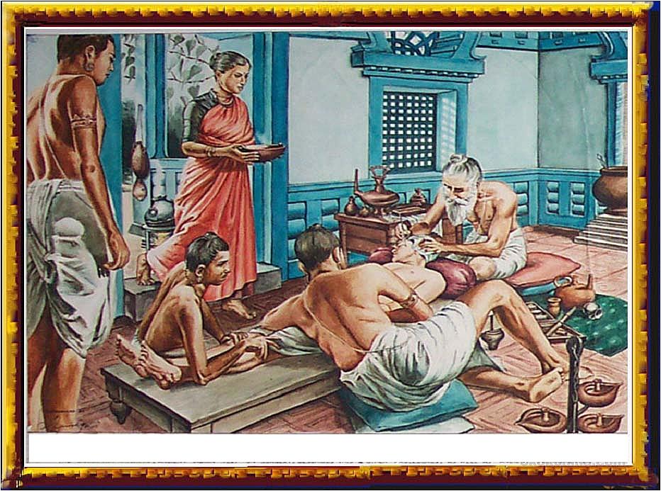 Súsruta atendiendo a un enfermo junto a cuatro personas más