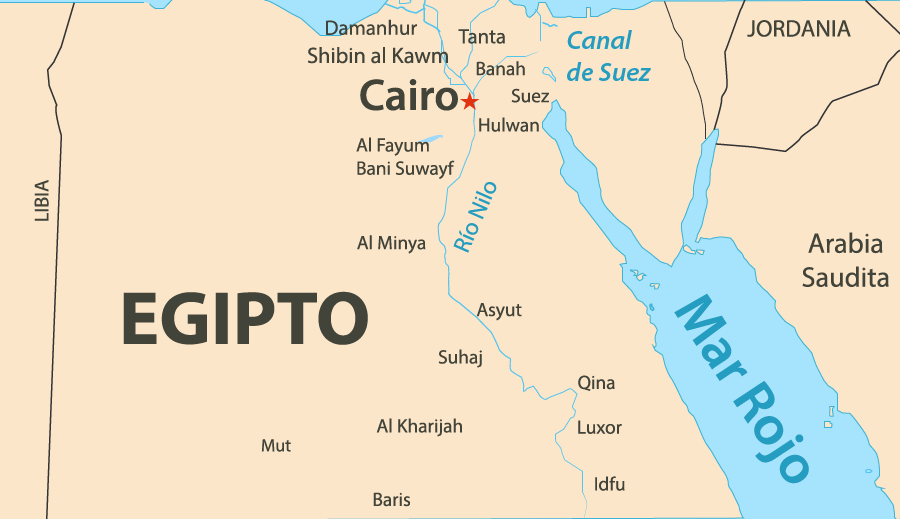 Mapa donde se ubica Egipto, río Nilo y mar Rojo