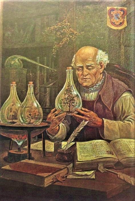 Hombre trabajando con minerales en un frasco