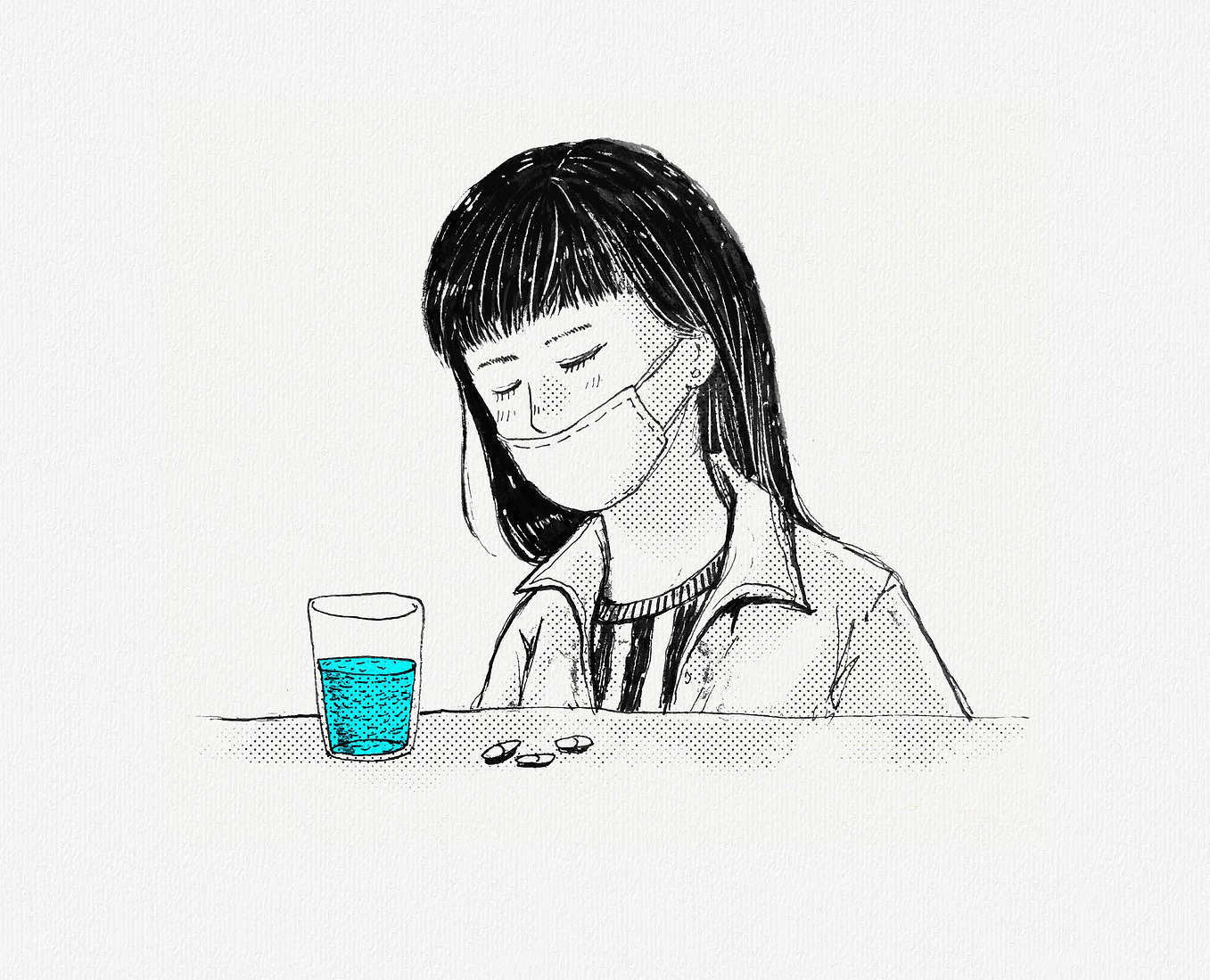 Mujer con cubrebocas con un vaso y medicinas frente a ella