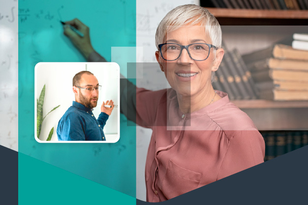 Fotografía que muestra a un profesor escribiendo en el pizarrón