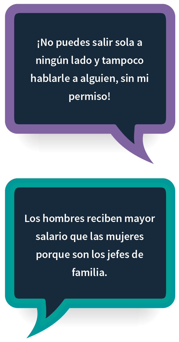 ¡No puedes salir sola a ningún lado y tampoco hablarle a alguien, sin mi permiso!. Los hombres reciben mayor salario que las mujeres porque son los jefes de familia.