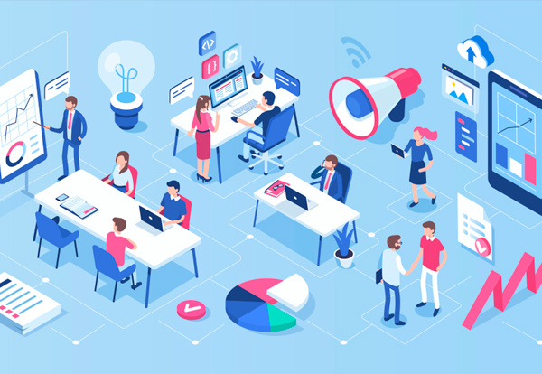 Personas que trabajan en diferentes actividades productivas usando la ciencia y la tecnología