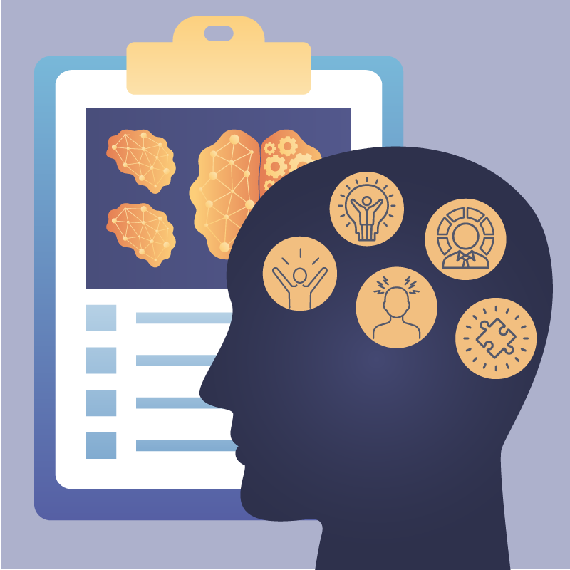 Atributos psicológicos observados en la cabeza de una persona que está al lado de un test psicológico.