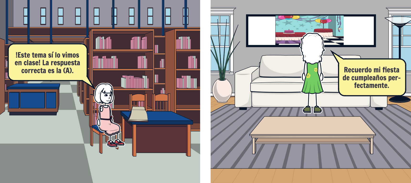 Historieta que presenta una estudiante resolviendo un examen con sus conocimientos y una persona mirando una fotografía.